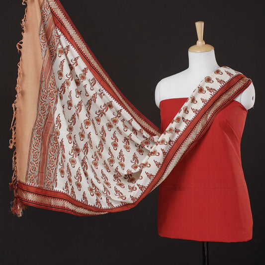 Red - 2pc Plain Mangalagiri Handloom Cotton Kurta with Sanganeri Dupatta