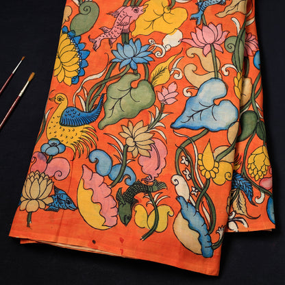 Orange - Srikalahasti Kalamkari Handpainted Pen Work Chanderi Silk Handloom Fabric