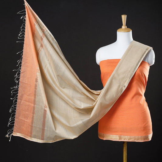Orange - 2pc Maheshwari Silk Cotton Handloom Stripe Suit Material Set with Zari Border