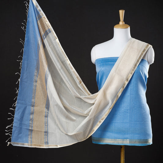 Blue - 2pc Maheshwari Silk Cotton Handloom Stripe Suit Material Set with Zari Border