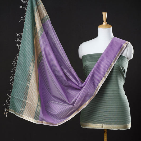 Green - 2pc Maheshwari Silk Cotton Handloom Stripe Suit Material Set with Zari Border