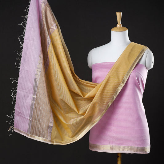 Purple - 2pc Maheshwari Silk Cotton Handloom Stripe Suit Material Set with Zari Border