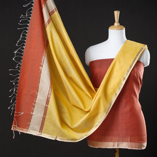 Orange - 2pc Maheshwari Silk Cotton Handloom Stripe Suit Material Set with Zari Border