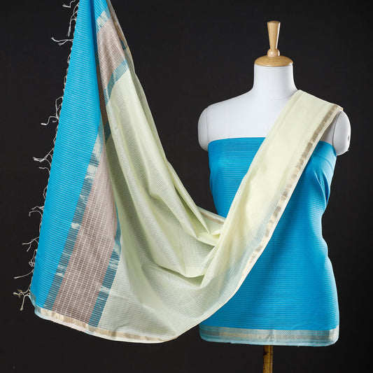Blue - 2pc Maheshwari Silk Cotton Handloom Stripe Suit Material Set with Zari Border