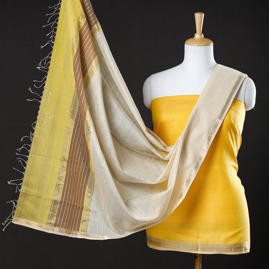 Yellow - 2pc Maheshwari Silk Cotton Handloom Stripe Suit Material Set with Zari Border
