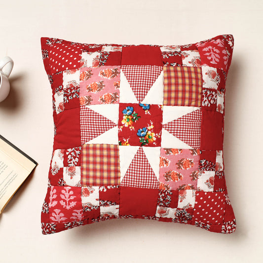 Red - Applique Quilted Cotton Cushion Cover (16 x 16 in)