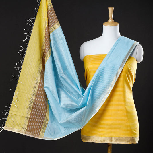 Yellow - 2pc Maheshwari Silk Cotton Handloom Stripe Suit Material Set with Zari Border
