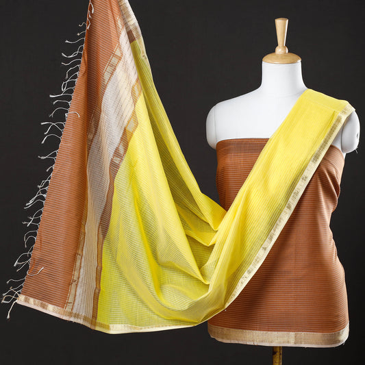 Brown - 2pc Maheshwari Silk Cotton Handloom Stripe Suit Material Set with Zari Border