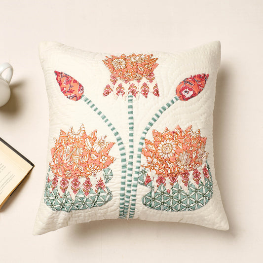 White - Applique Quilted Cotton Cushion Cover (16 x 16 in)