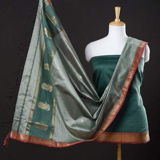 Green - 2pc Maheshwari Silk Cotton Handloom Suit Material Set with Zari Border