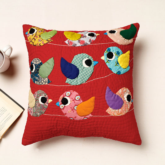 Red - Applique Quilted Cotton Cushion Cover (16 x 16 in)