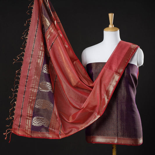 Purple - 2pc Maheshwari Silk Cotton Handloom Tissue Zari Work Suit Material Set