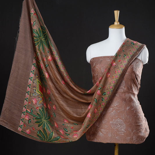 Brown - 3pc Handloom Chanderi Silk Cotton Embroidered Suit Material Set with Digital Printed Dupatta