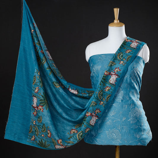 Blue - 3pc Handloom Chanderi Silk Cotton Embroidered Suit Material Set with Digital Printed Dupatta