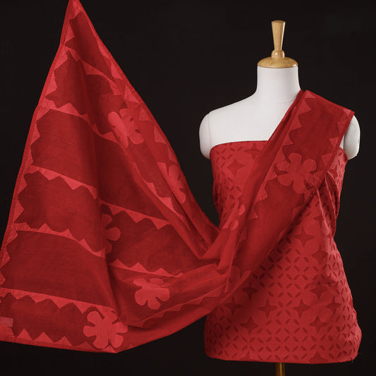 Red - 3pc Barmer Applique Cut Work Cotton Suit Material Set