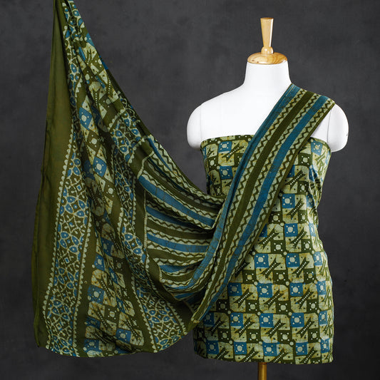 Green - 3pc Kutch Batik Printed Cotton Suit Material Set