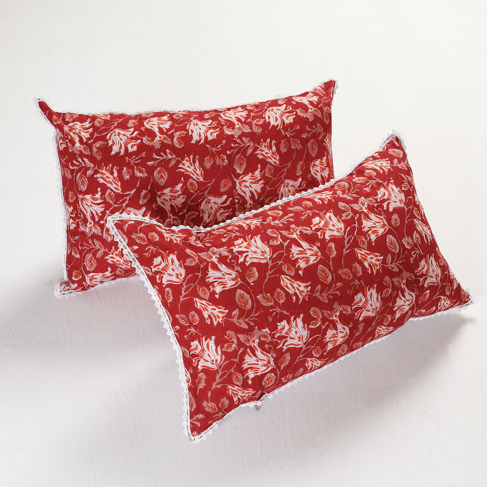 Red - Sanganeri Block Printed Cotton Pillow Cover With Lace (26 x 16 in) - Set of 2