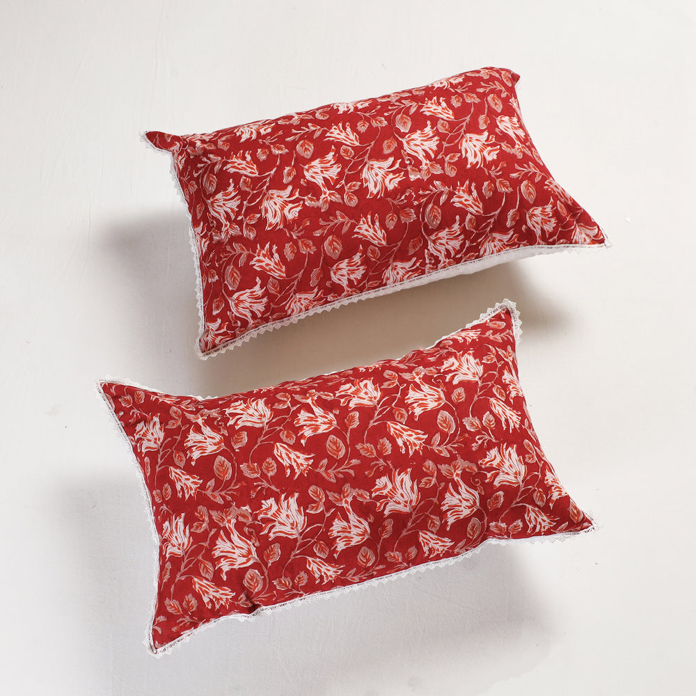 Red - Sanganeri Block Printed Cotton Pillow Cover With Lace (26 x 16 in) - Set of 2