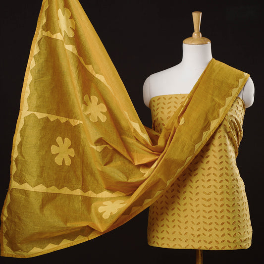 Yellow - 3pc Barmer Applique Cut Work Cotton Suit Material Set