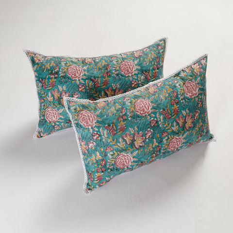 BuySanganeri Block Printed Cotton Pillow Cover With Lace (26 x 16 in) - Set of 2 