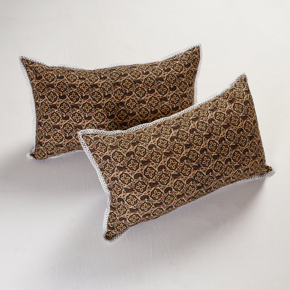 Black - Sanganeri Block Printed Cotton Pillow Cover With Lace (26 x 16 in) - Set of 2