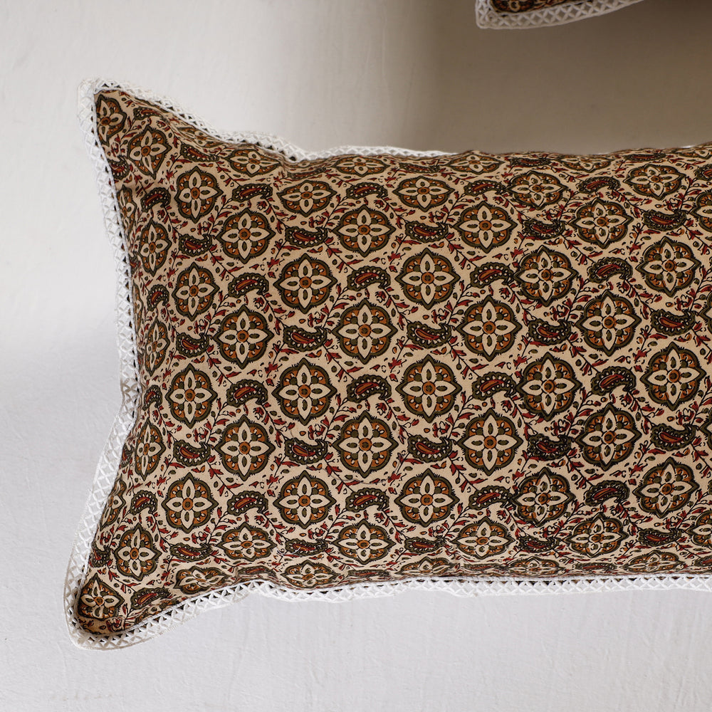 Black - Sanganeri Block Printed Cotton Pillow Cover With Lace (26 x 16 in) - Set of 2