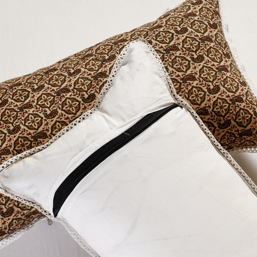 Black - Sanganeri Block Printed Cotton Pillow Cover With Lace (26 x 16 in) - Set of 2