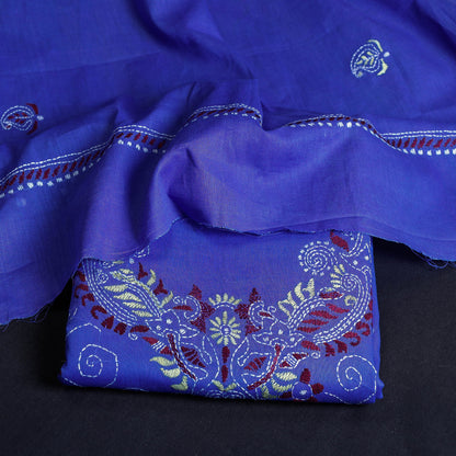 Blue - 3pc Bengal Kantha Embroidery Cotton Suit Material Set 02
