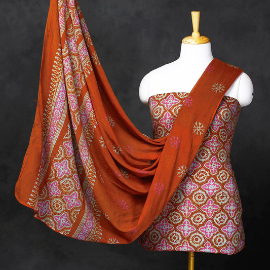 Orange - 3pc Kutch Batik Printed Cotton Suit Material Set