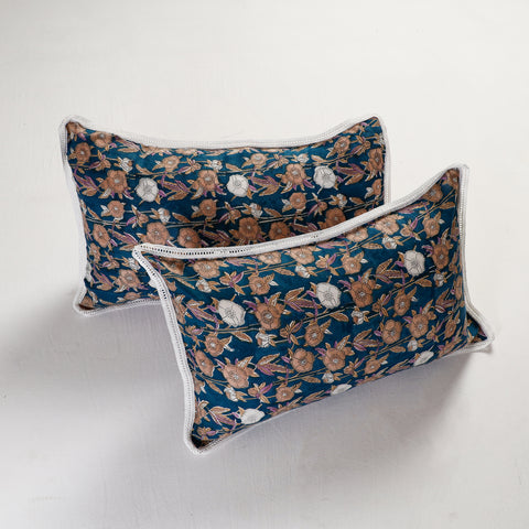  Sanganeri Block Printed Cotton Pillow Cover with Lace (26 x 16 in) - Set of 2 