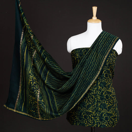 Green - 3pc Akola Block Printed Chanderi Silk Suit Material Set