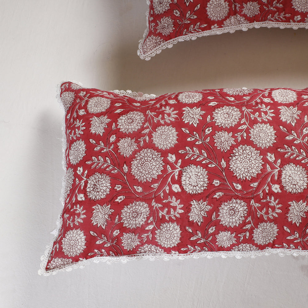 Sanganeri Block Printed Cotton Pillow Cover with Lace (26 x 16 in) - Set of 2