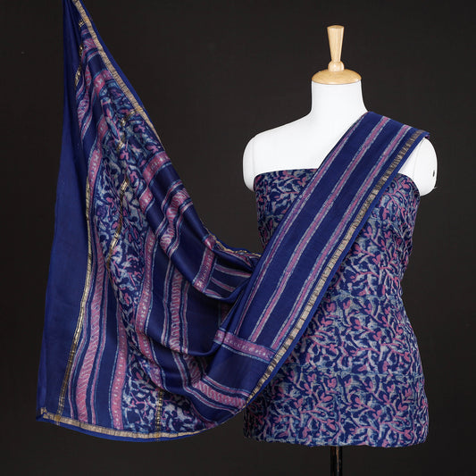 Purple - 3pc Akola Block Printed Chanderi Silk Suit Material Set