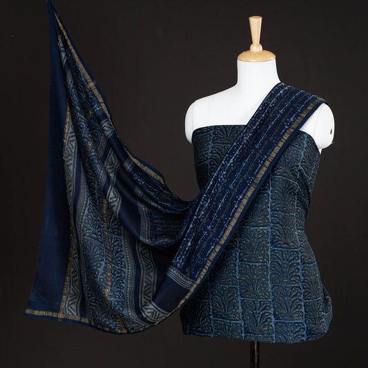 Blue - 3pc Akola Block Printed Chanderi Silk Suit Material Set