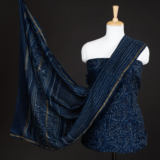 Blue - 3pc Akola Block Printed Chanderi Silk Suit Material Set
