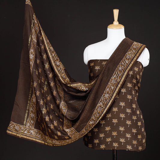 Brown - 3pc Akola Block Printed Chanderi Silk Suit Material Set