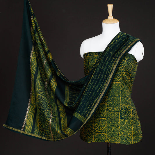 Green - 3pc Akola Block Printed Chanderi Silk Suit Material Set