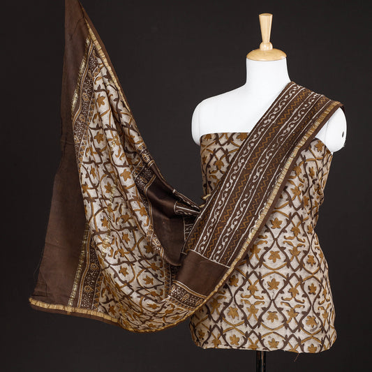Brown - 3pc Akola Block Printed Chanderi Silk Suit Material Set