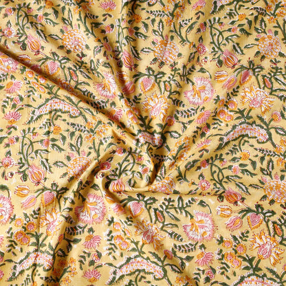 Yellow - Sanganeri Block Printed Mul Cotton Precut Fabric (1.5 Meter) 26