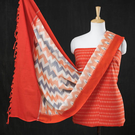 Orange - 2pc Pochampally Double Ikat Handloom Mercerised Cotton Handloom Suit Material Set