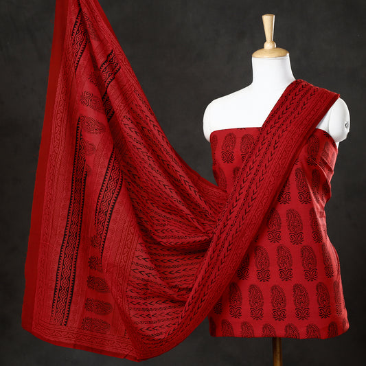 Red - 3pc Bagh Block Printed  Natural Dyed Cotton Suit Material Set 50