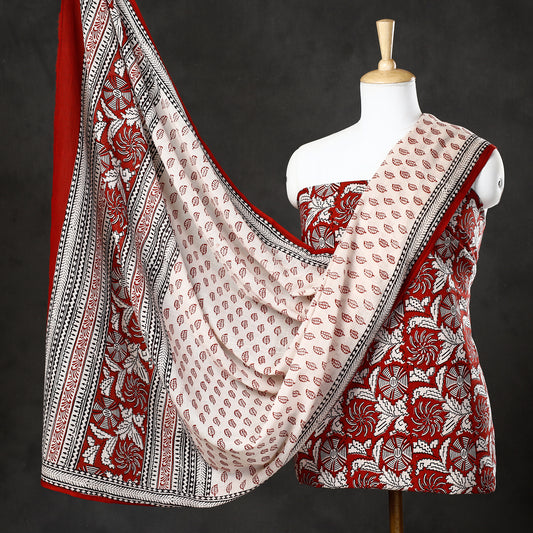 Red - 3pc Bagh Block Printed  Natural Dyed Cotton Suit Material Set 51