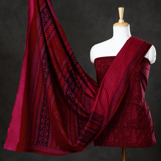 Maroon - 3pc Bagh Block Printed  Natural Dyed Cotton Suit Material Set 52