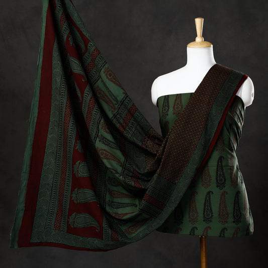 Green - 3pc Bagh Block Printed  Natural Dyed Cotton Suit Material Set 71
