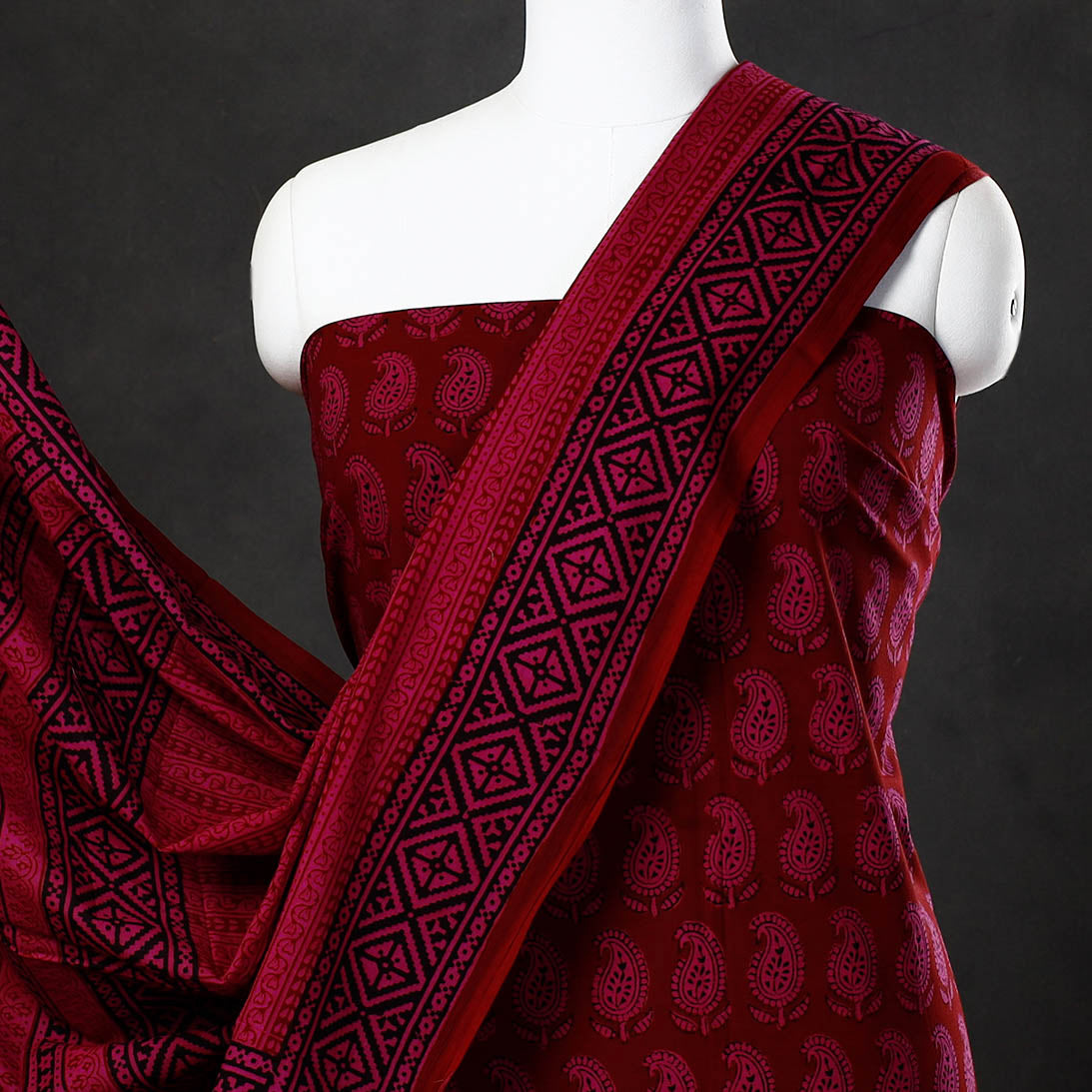 Maroon - 3pc Bagh Block Printed  Natural Dyed Cotton Suit Material Set 75