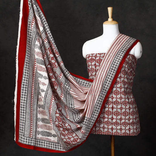 Red - 3pc Bagh Block Printed  Natural Dyed Cotton Suit Material Set 77