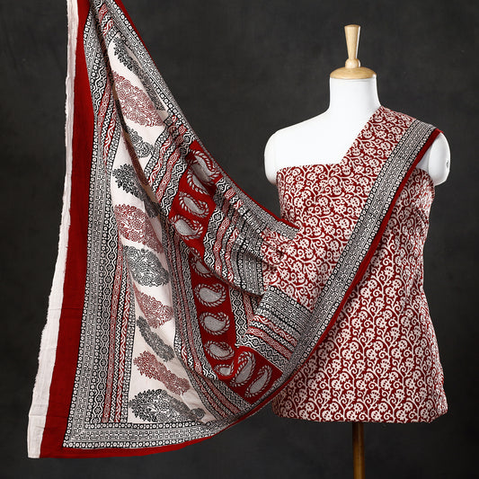 Red - 3pc Bagh Block Printed  Natural Dyed Cotton Suit Material Set 78