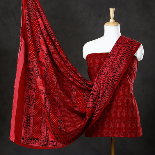 Red - 3pc Bagh Block Printed  Natural Dyed Cotton Suit Material Set 79