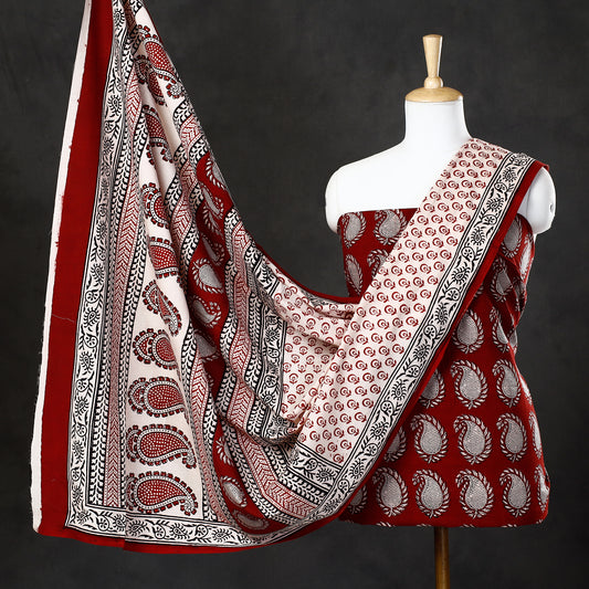 Red - 3pc Bagh Block Printed  Natural Dyed Cotton Suit Material Set 80