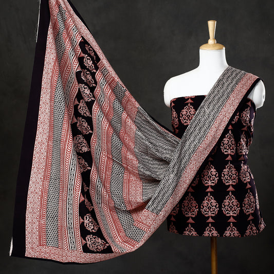 Black - 3pc Bagh Block Printed  Natural Dyed Cotton Suit Material Set 87